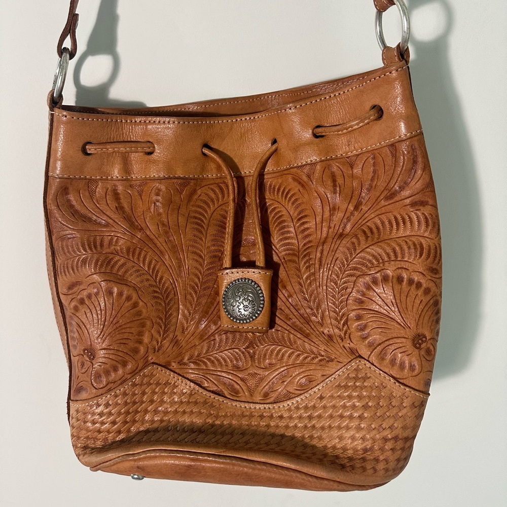 American West Tooled Brown Leather Bucket Crossbody Purse Bag